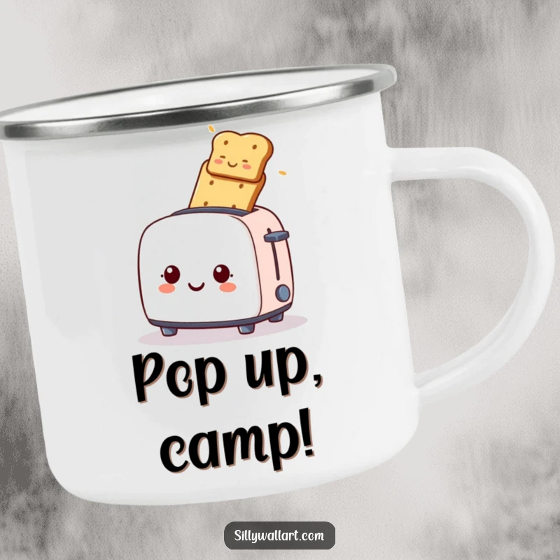 Funny camping mug, a smiling toaster launching toast, perfect for outdoor fun and breakfast humor.