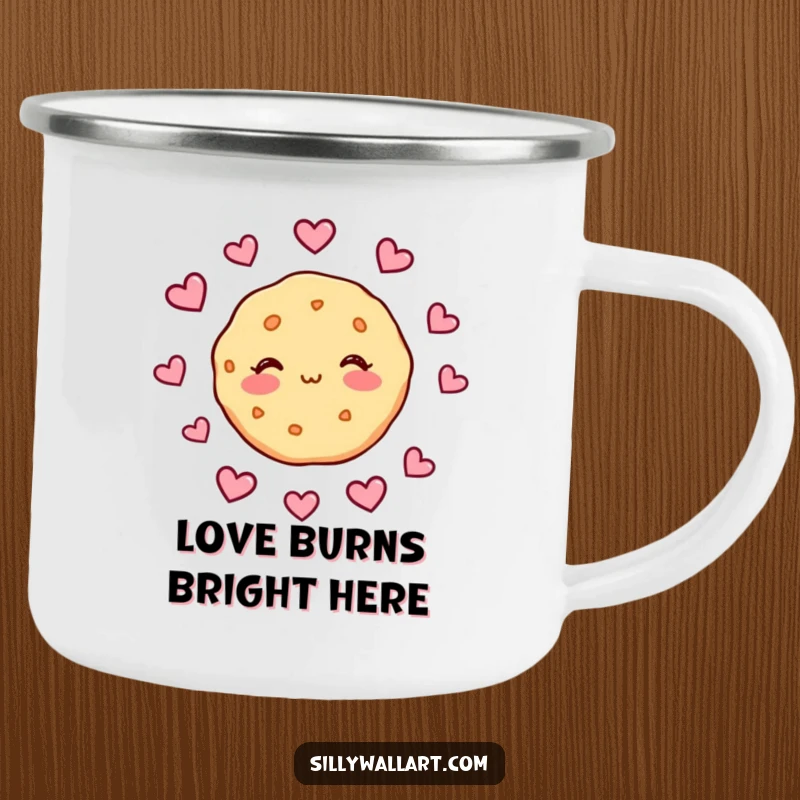 Funny camping mug with a shy cookie blushing and surrounded by hearts, perfect for outdoor drinks with a romantic and humorous touch.