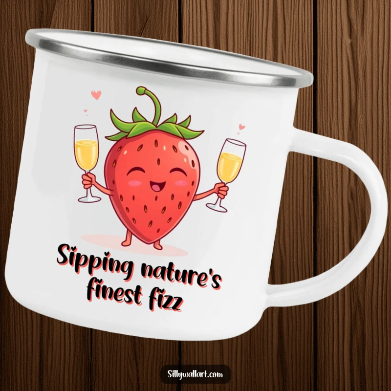 Funny camping mug featuring a joyous strawberry juggling champagne glasses, perfect for outdoor beverages and adding humor to any campfire trip.