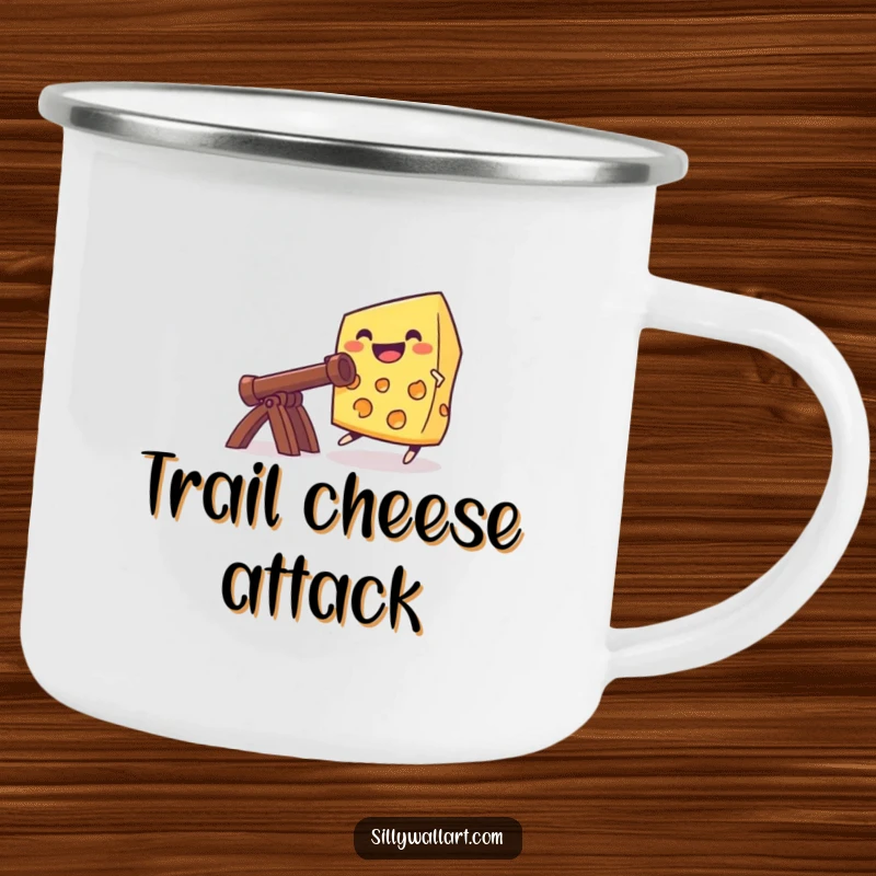 Funny grinning cheese launching from a catapult, illustrated on an enamel camping mug for outdoor, humorous enjoyment.