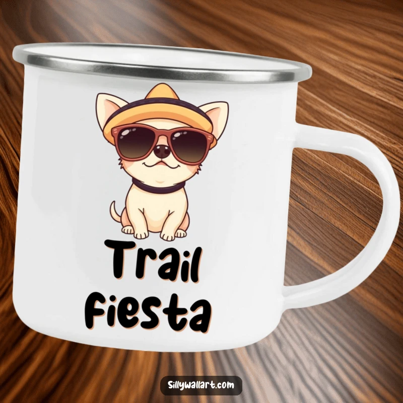 Funny camping mug featuring a cute chihuahua in sunglasses and a sombrero, perfect for adventurers who enjoy humor and party vibes.
