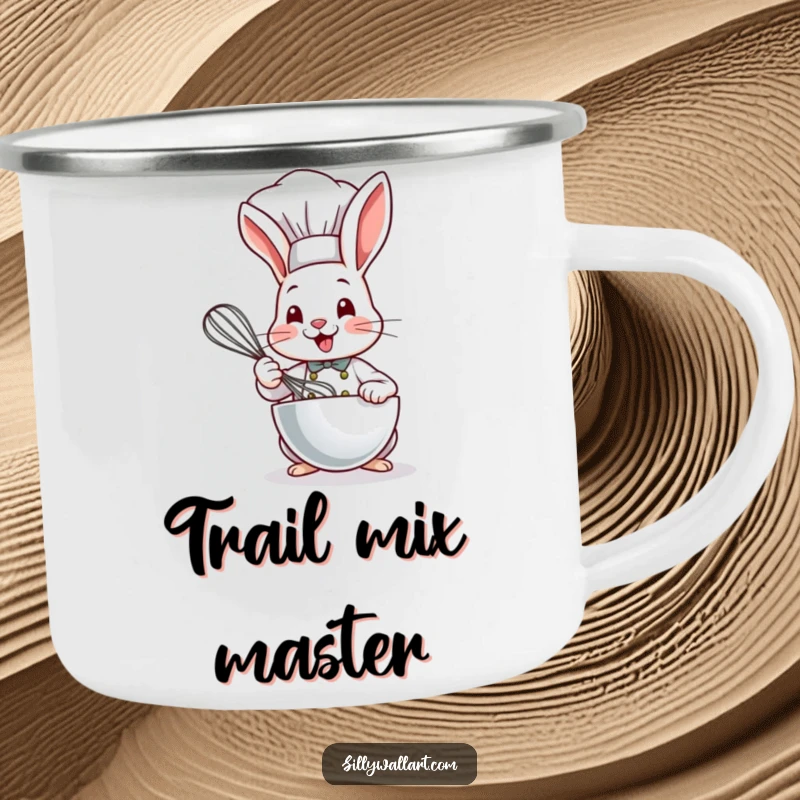 Funny Bunny Chef Camping Mug: a cute bunny chef in a hat whisking energetically, perfect for outdoor cooking.