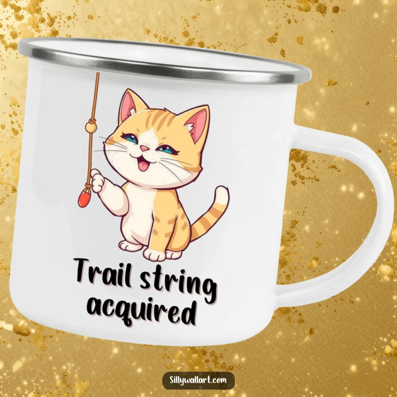 Funny camping mug featuring a playful cat batting at a dangling string, its eyes full of mischievous fun, perfect for outdoor enjoyment.