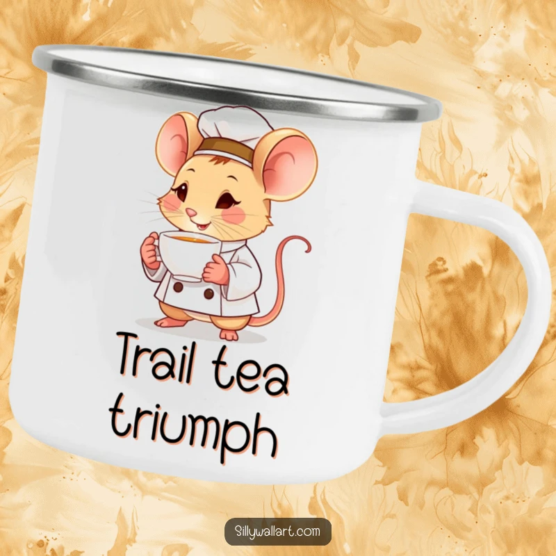 Funny camping mug featuring a determined little mouse chef holding a tiny, steaming teacup, perfect for outdoor beverages.