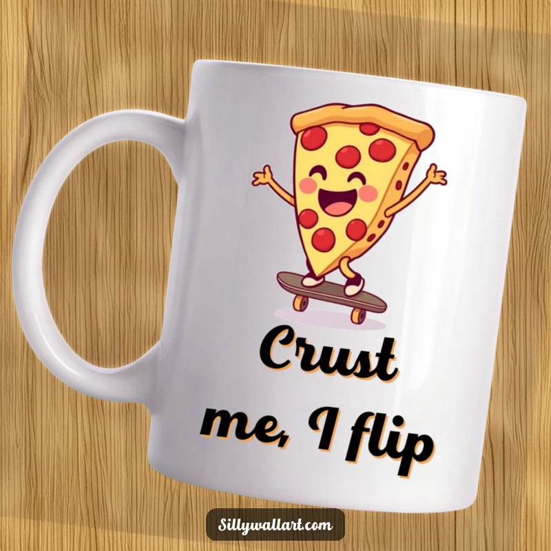 Funny pizza slice doing a cartwheel on a skateboard, radiating pure happiness and extreme sports vibes, on a ceramic mug.