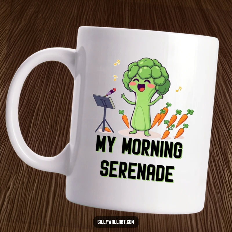 Funny mug showing a singing broccoli floret enthusiastically conducting an orchestra of tiny, smiling carrot musicians.