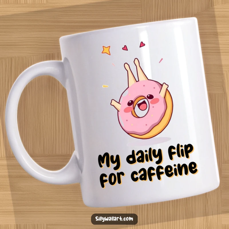 Funny mug featuring a delighted donut performing a celebratory somersault with sprinkles, embodying pure joy and breakfast fun.