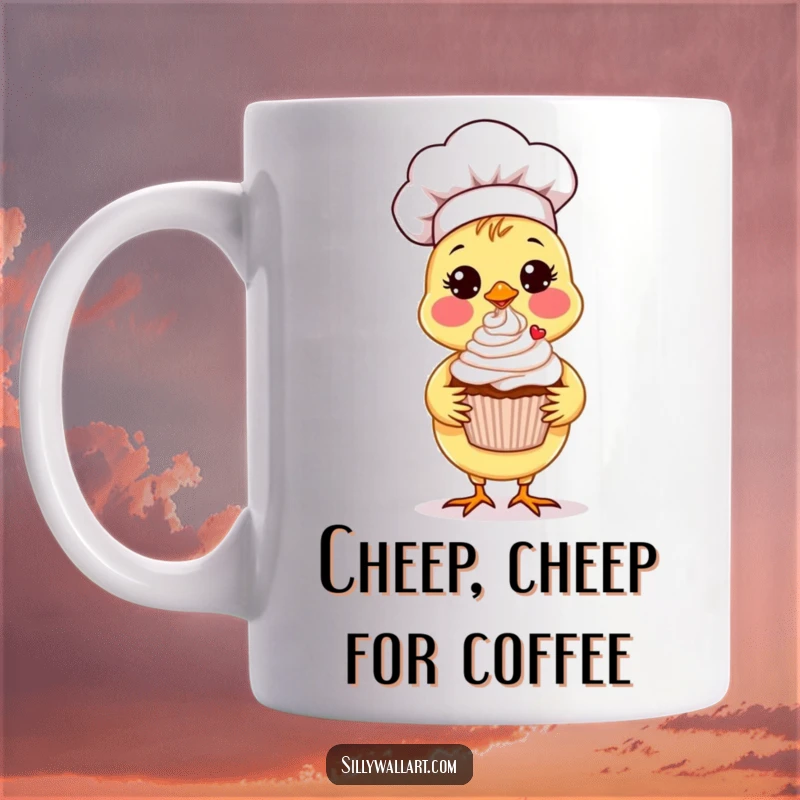 Funny Chick Chef Mug featuring a sweet chick in a chef hat proudly presenting a beautifully decorated cupcake.