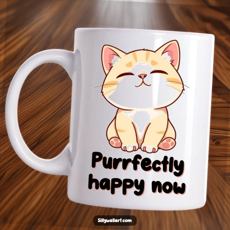 Funny mug showing a contented cat purring loudly while being gently stroked, radiating pure happiness and relaxation.