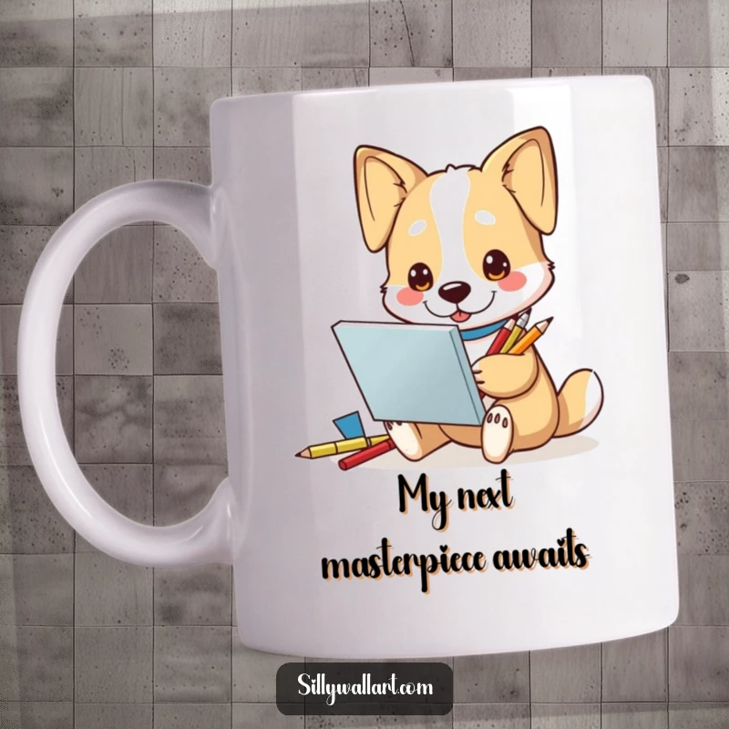Funny Mug: An inspired dog artist with a sketchbook and pencils, happily drawing, conveying artistic passion.