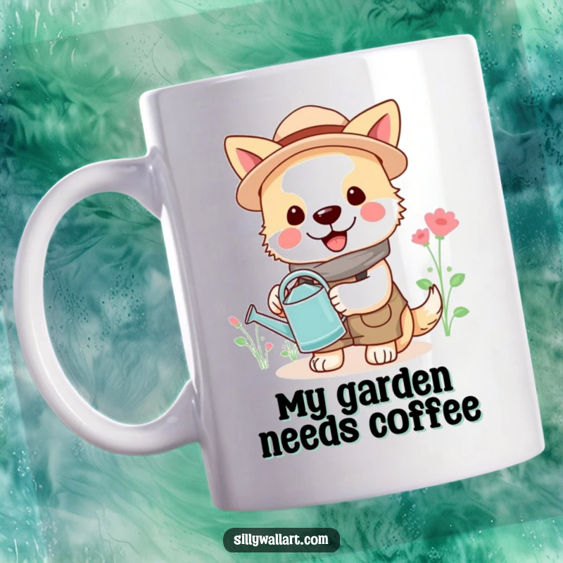 Funny gardener dog mug, a cheerful dog in gardening clothes holds a tiny watering can, ready to plant.