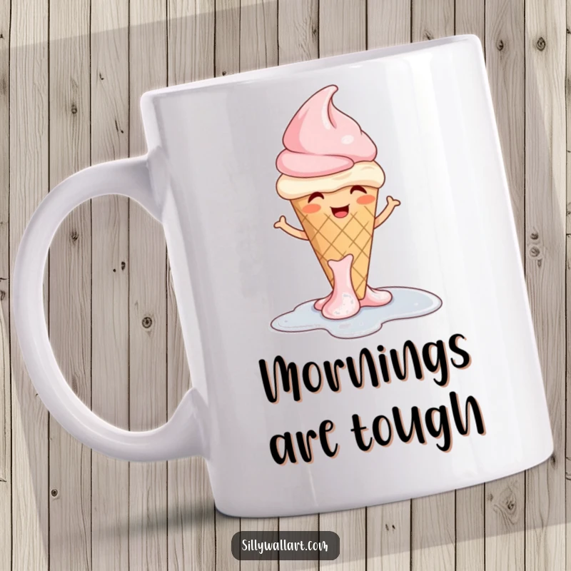 Funny ice cream mug featuring a giggling cone melting into a puddle with a carefree shrug, celebrating summer fun.