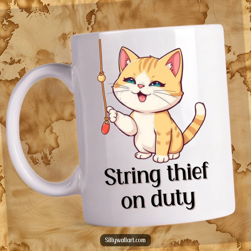 Funny mug showing a playful cat batting at a dangling string with a mischievous glint in its eye, full of antics.