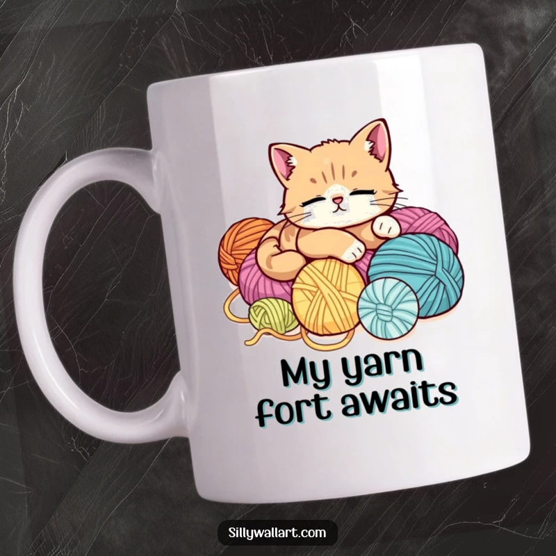 Funny mug with a cute cat lounging blissfully on a pile of colorful yarn balls, looking utterly relaxed and content.