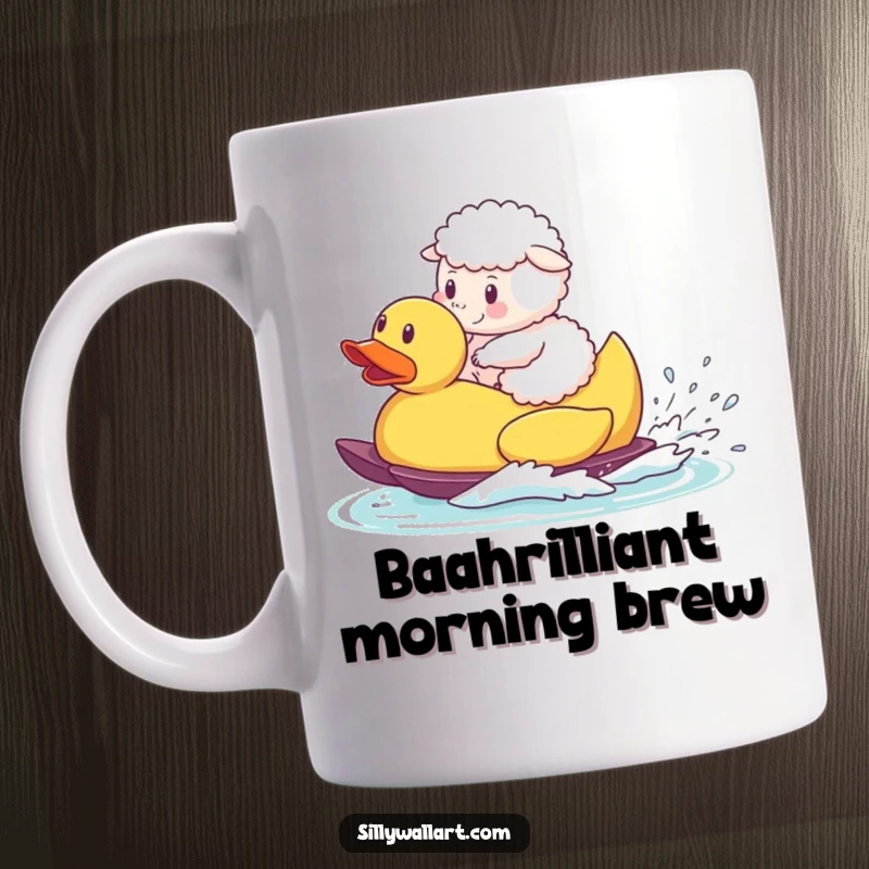 Funny mug, a fluffy sheep waterskiing with determination on a giant rubber duck, expressing whimsical fun.