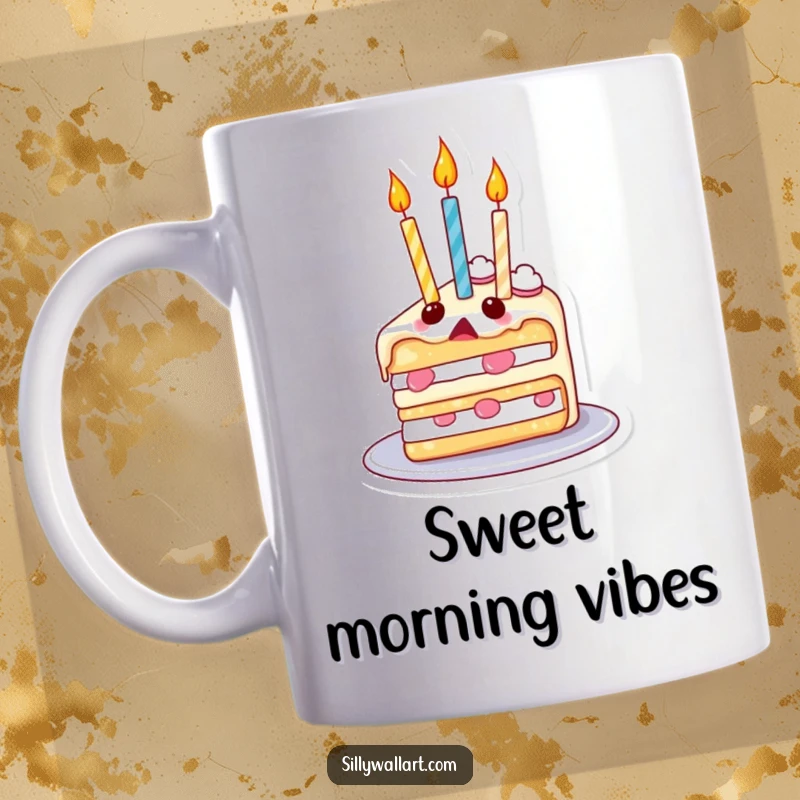 Funny mug showing a surprised slice of cake with lit candles comically floating upwards like balloons, creating a whimsical scene.