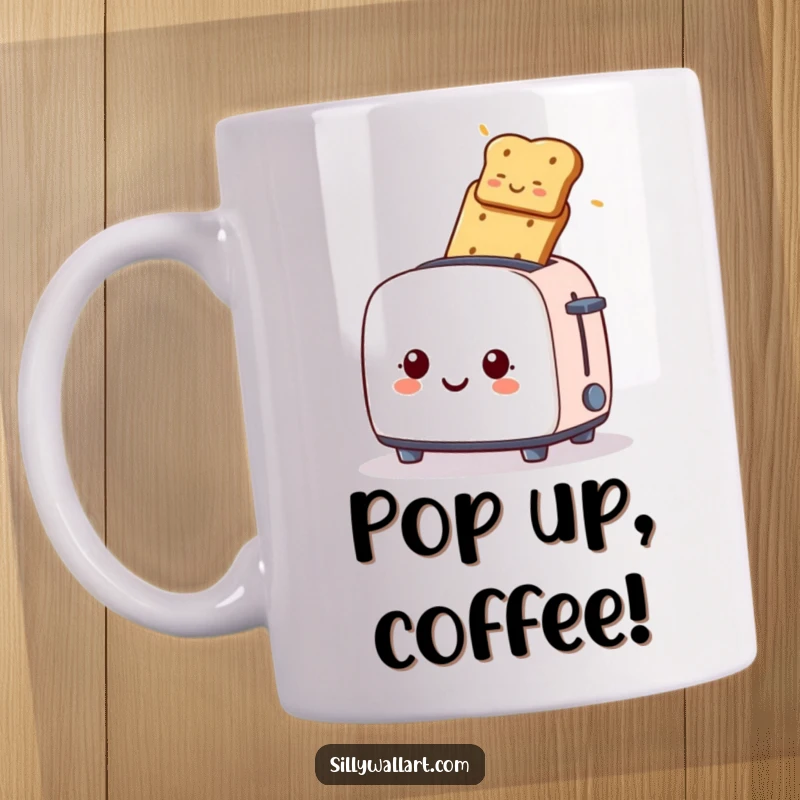 Funny mug, a smiling toaster enthusiastically launching a piece of toast into the air, celebrating breakfast fun.