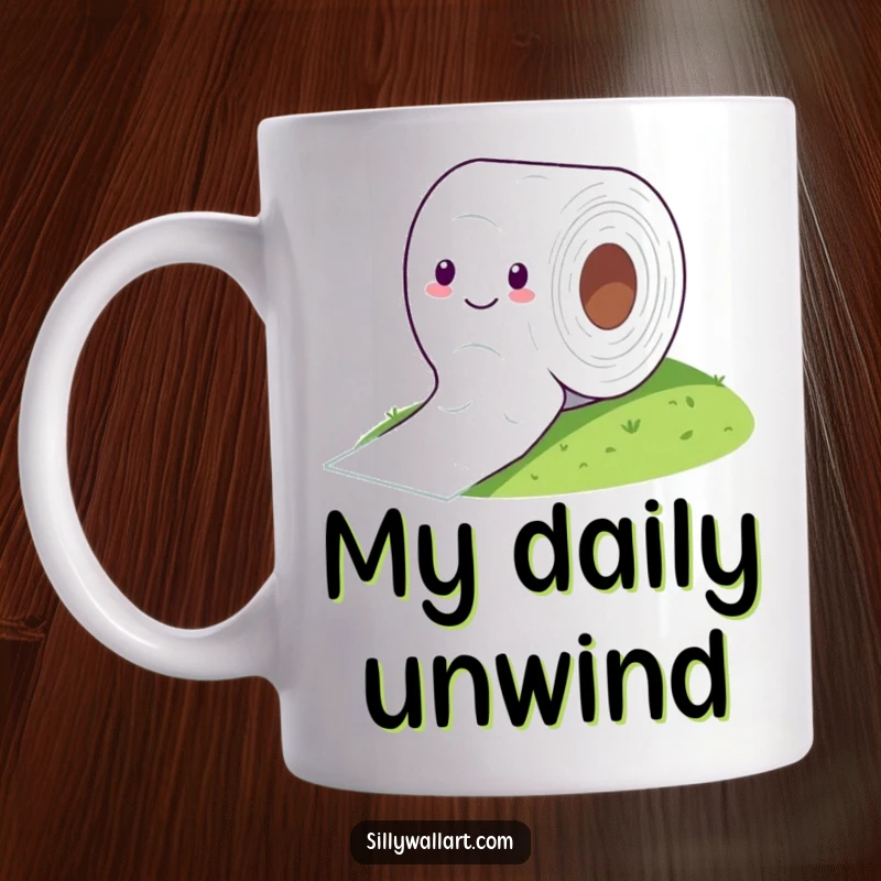 Funny mug showcasing a happy toilet paper roll tumbling down a grassy hill like a runaway tire, pure silliness.