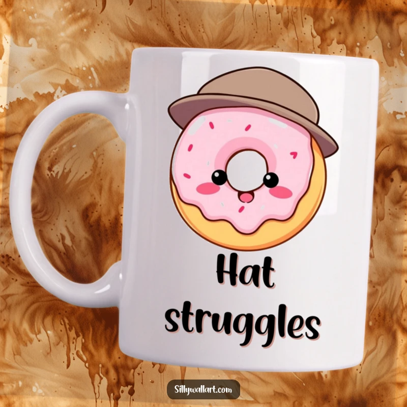 Funny mug: Round donut comically struggling to wear a hat that is too small, pastry humor and absurdity.