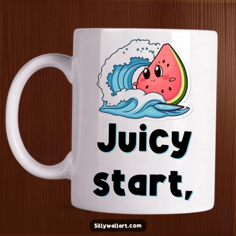 Funny slice of watermelon with googly eyes, enthusiastically surfing a wave on a coffee mug, radiating summer fun.