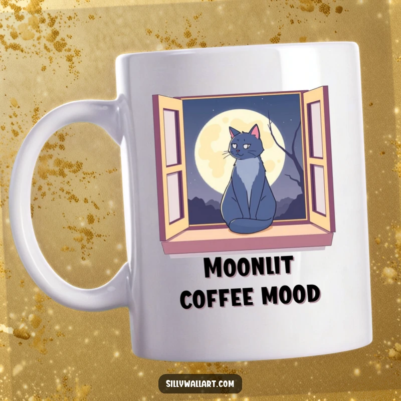 Funny cat silhouetted on a window sill against a moon on a mug, capturing serene nighttime feline vibes.