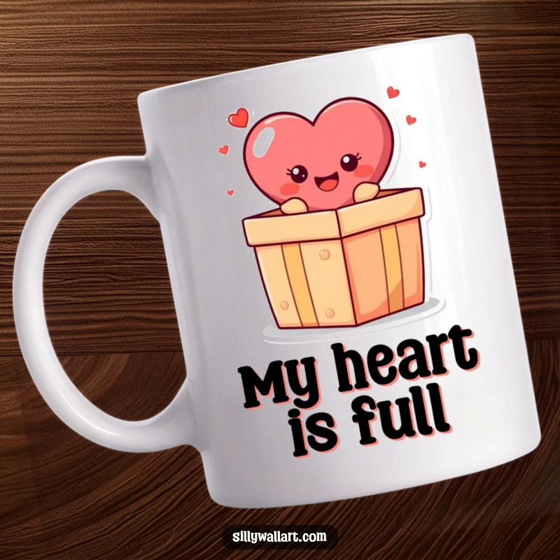 Funny mug: A bright red heart with a smiling face, popping out of a large gift box with confetti.