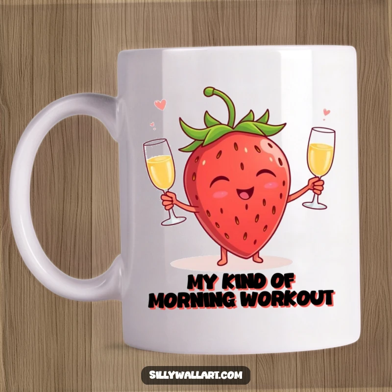 Funny mug with a giggling strawberry character energetically juggling three tiny champagne glasses, celebrating with pure joy and fruity delight.