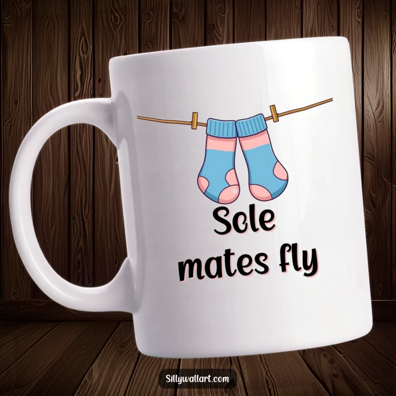 Funny mug, a pair of mismatched socks comically tangled on a clothesline, resembling kites flying freely.