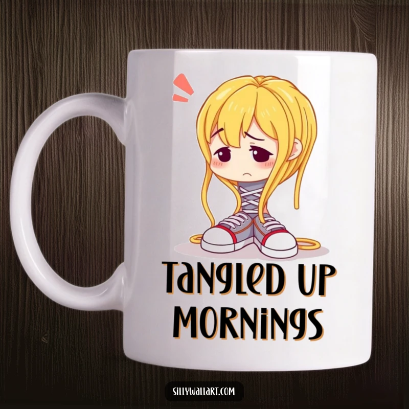 Funny mug showcasing a confused spaghetti noodle hilariously attempting to tie its own shoelaces, tangled and baffled.