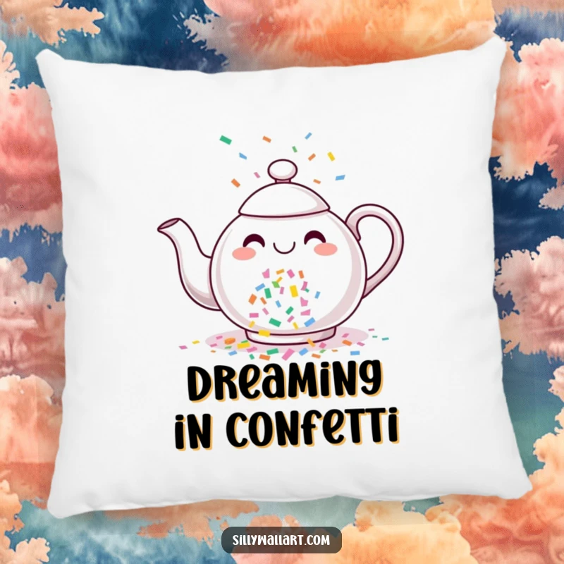 Funny throw pillow featuring a cheerful teapot joyfully showering colorful confetti, providing comfort and festive vibes.