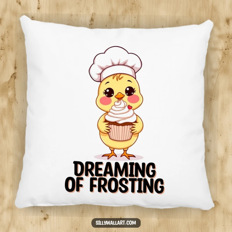 Funny Chick Chef Pillow featuring a sweet chick chef proudly presenting a perfectly decorated cupcake, offering cozy charm.