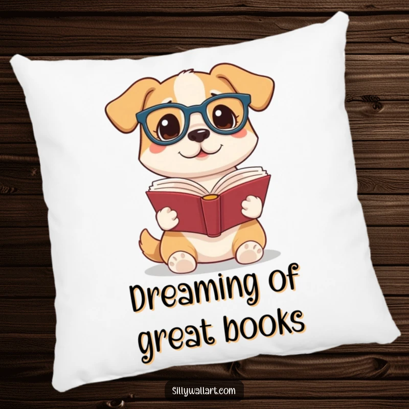 Funny pillow showcasing a cute dog wearing reading glasses and holding a book, offering comfort and a touch of literary humor for relaxation spaces.