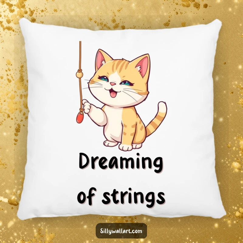 Funny pillow showcasing a playful cat batting at a dangling string, its eyes shining with pure, mischievous delight and energy.