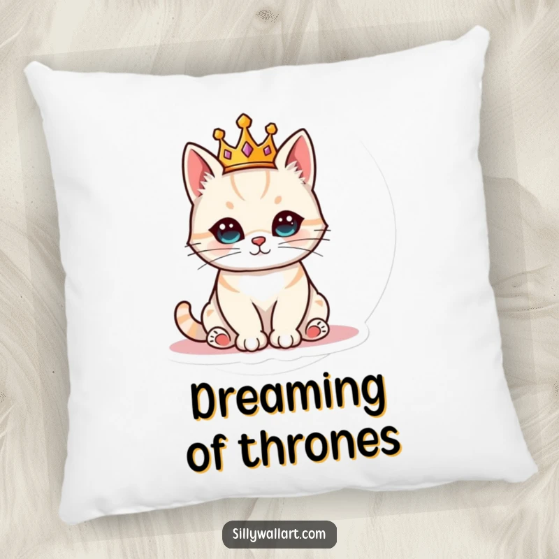 Funny cat wearing a tiny crown, sitting regally on a plush pillow, offering comfort and feline charm.