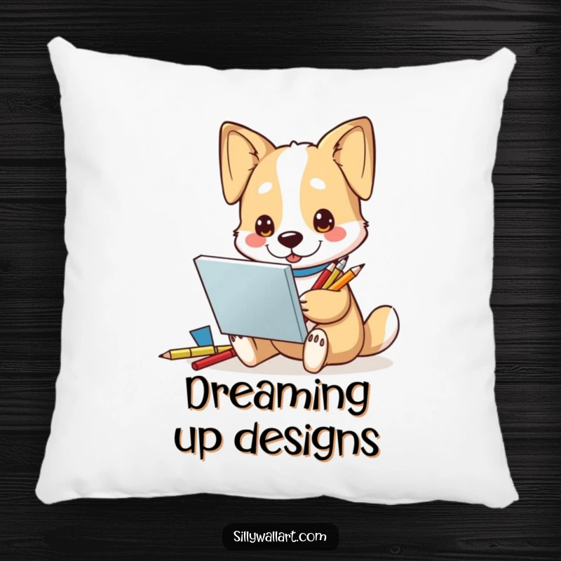 Funny Pillow: A dog character holding a sketchbook and pencils, looking inspired and ready to create art.