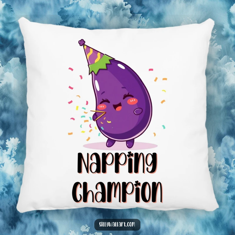 Funny pillow with a beaming eggplant in a party hat, hilariously blowing a confetti popper, offering comfort and festive appeal.