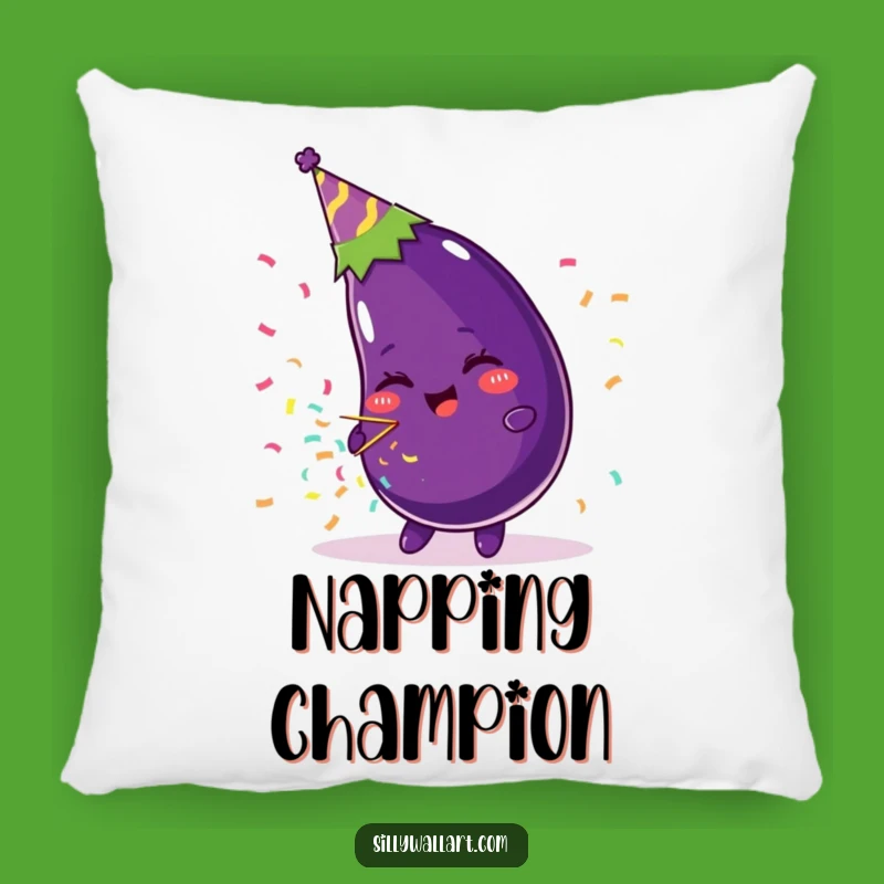 Funny Beaming Eggplant Party Hat Pillow - Cozy Celebration Accent