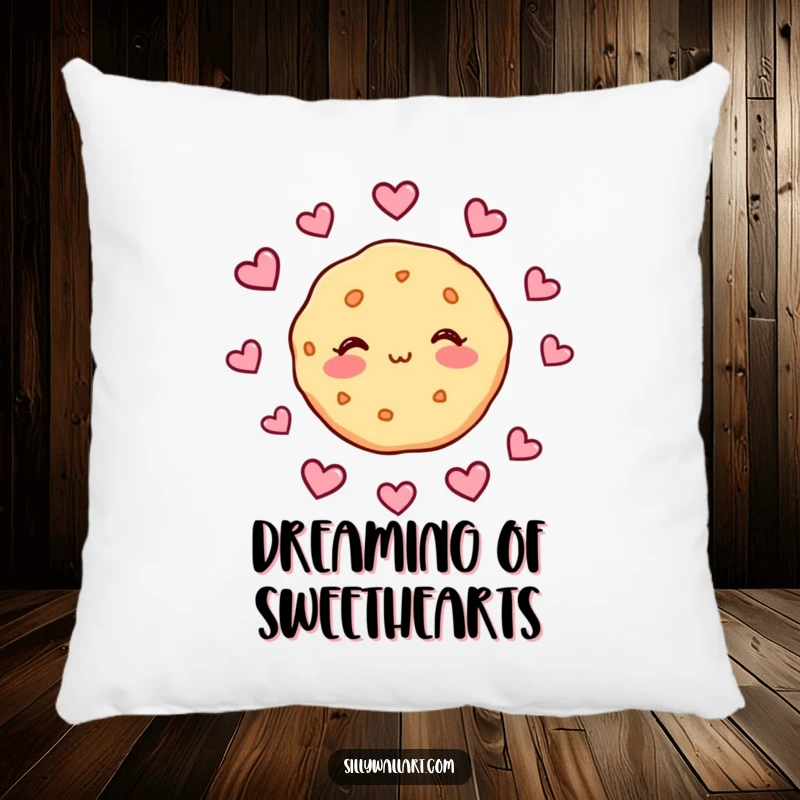 Funny plush pillow featuring a shy cookie blushing with hearts floating around, perfect for cuddling and expressing sweet, humorous affection.