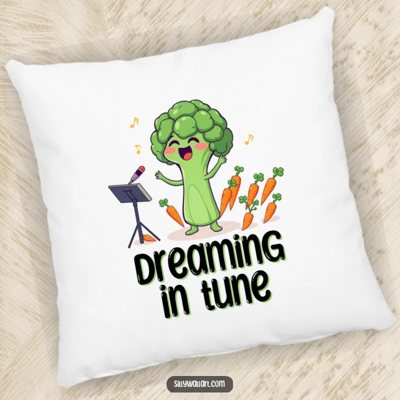 Funny pillow featuring a singing broccoli floret comically conducting a tiny carrot orchestra, soft and humorous comfort.