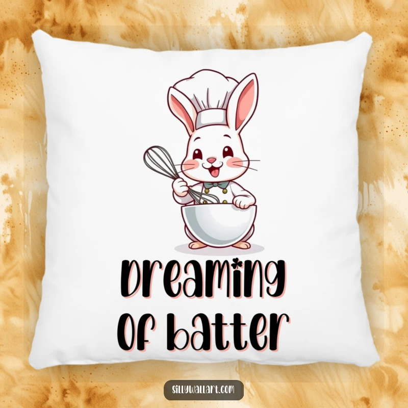 Funny Bunny Chef Pillow showcasing a cute bunny in a chef hat, happily whisking ingredients with a big smile.