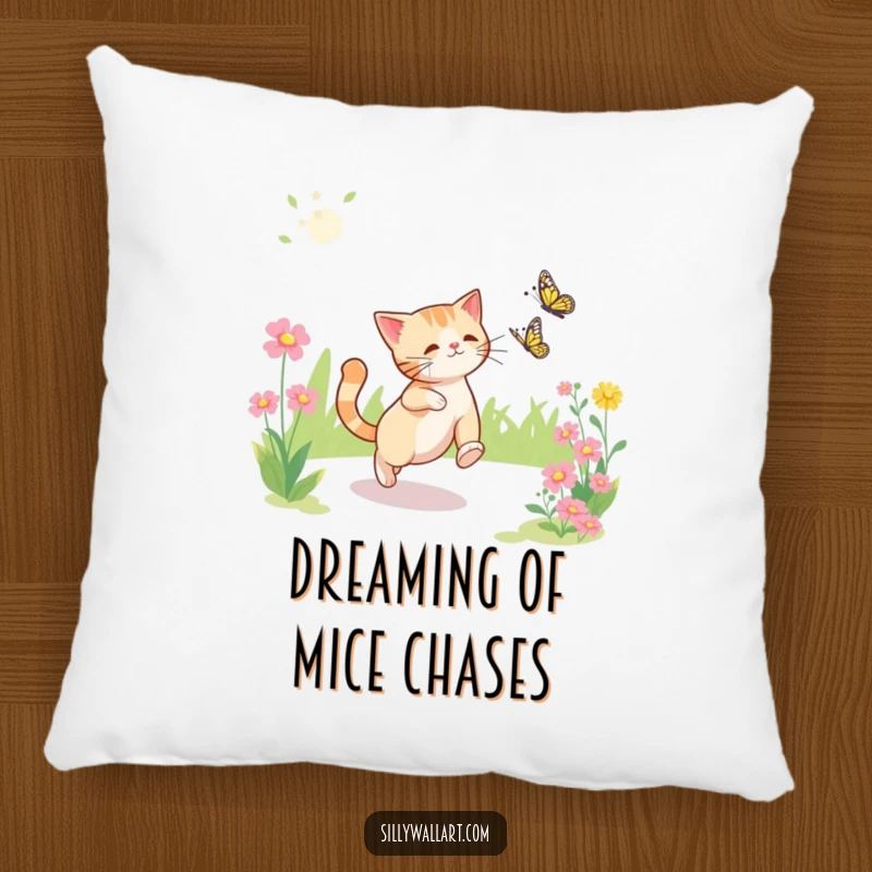 Funny pillow design showing a happy cat chasing a butterfly in a sunny garden, perfect for cozy humor.