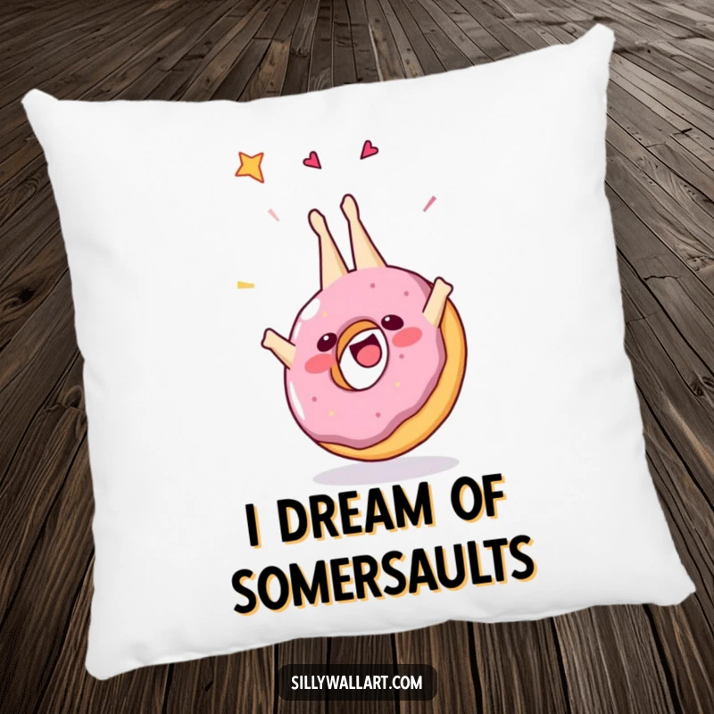 Funny plush pillow featuring a jubilant donut doing a somersault, decorated with colorful sprinkles, perfect for adding sweet humor to any cushion.