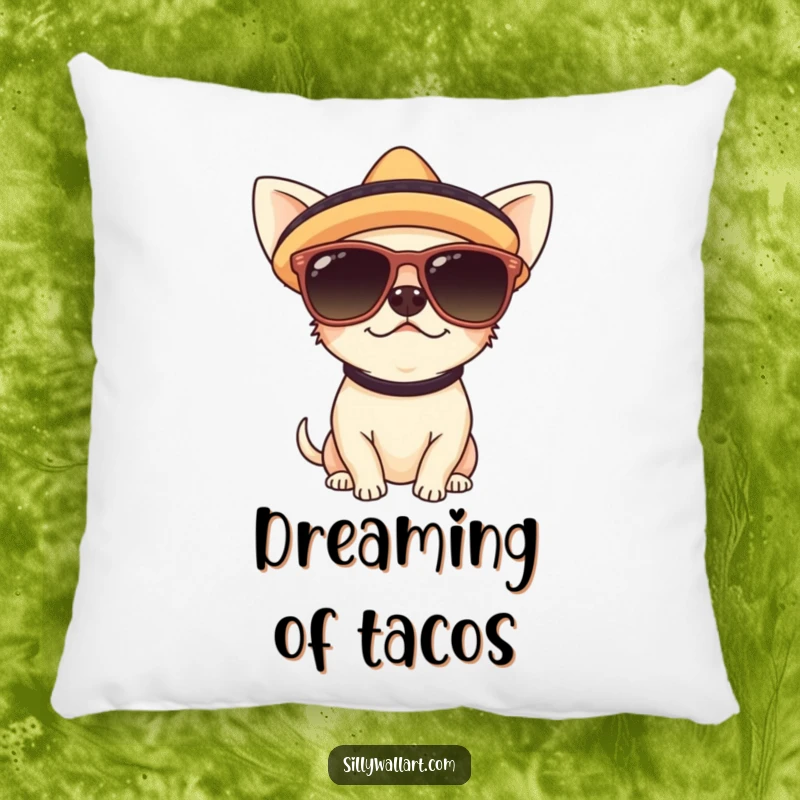 Funny pillow featuring a cute chihuahua in sunglasses and a sombrero, offering cozy comfort and a festive, humorous touch.