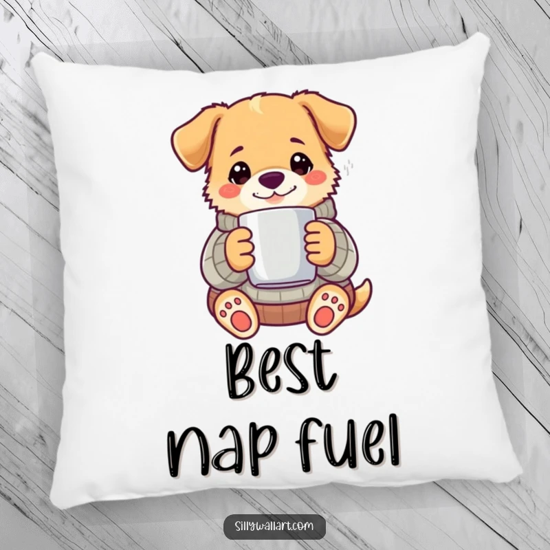 Funny dog in a knitted sweater holding a steaming mug, on a soft decorative pillow.