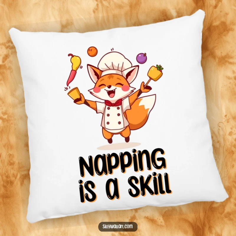 Funny Fox Chef Pillow featuring an energetic fox juggling ingredients, offering a cozy yet exciting decorative touch.