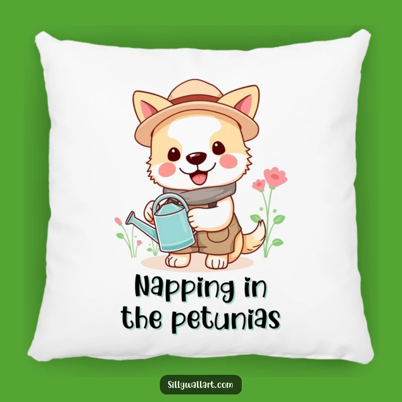 Funny Gardener Dog Pillow: Cheerful Bloom Accent Pillow, Comfy Humor