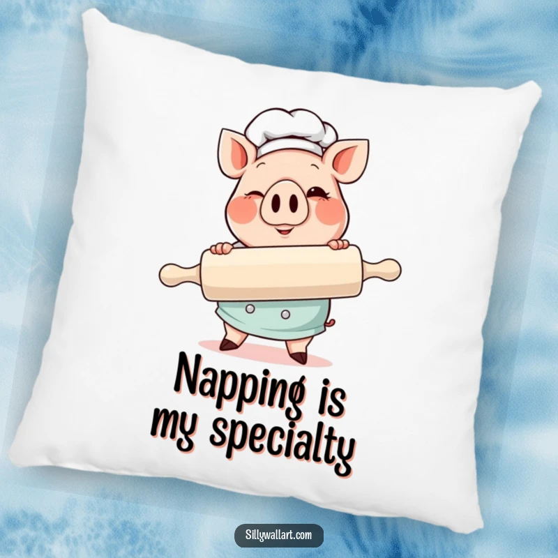 Funny Pig Chef Pillow with a cheerful, winking pig chef holding a giant rolling pin, offering cozy charm.