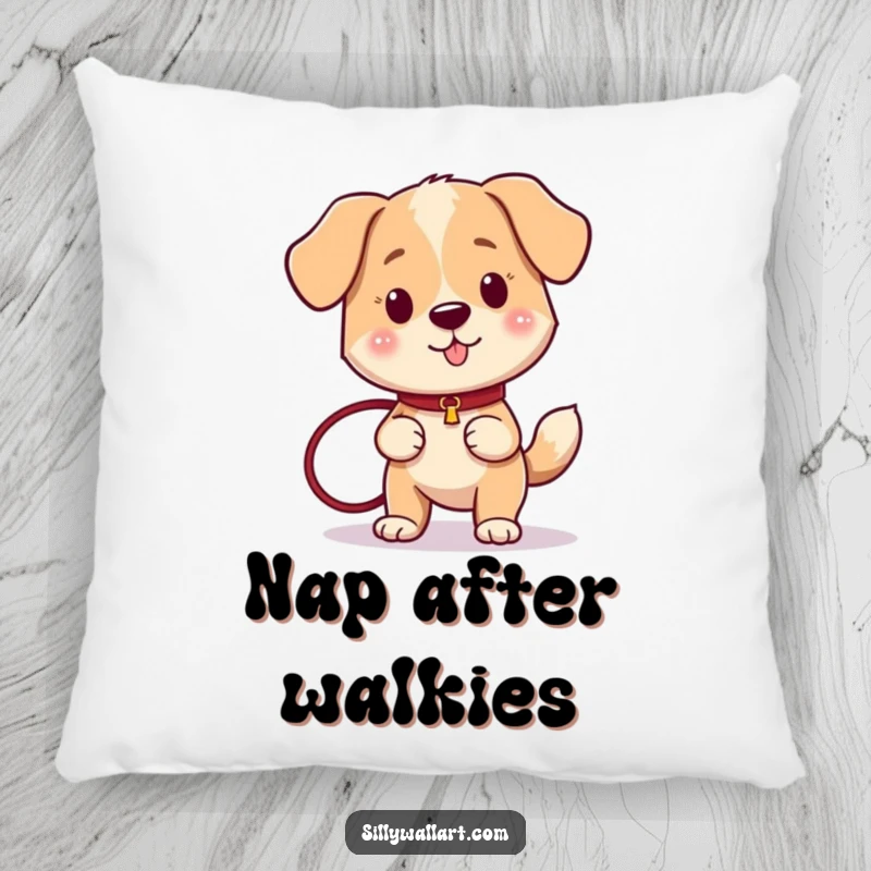 Funny dog with a happy wagging tail, holding a leash, ready to go, on a soft decorative pillow.