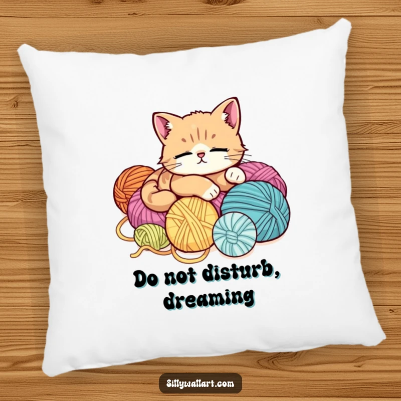 Funny pillow with a cute, supremely relaxed cat nestled comfortably on a soft pile of yarn balls, radiating peacefulness.