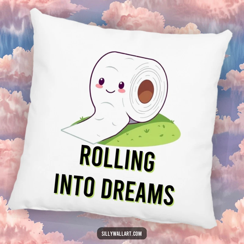 Funny pillow featuring a cheerful toilet paper roll comically rolling down a hill, soft and humorous comfort.